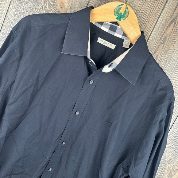 Burberry Brit Black Long Sleeve Button Up Dress Shirt Mens XL Nova Check Trim - Picture 1 of 9